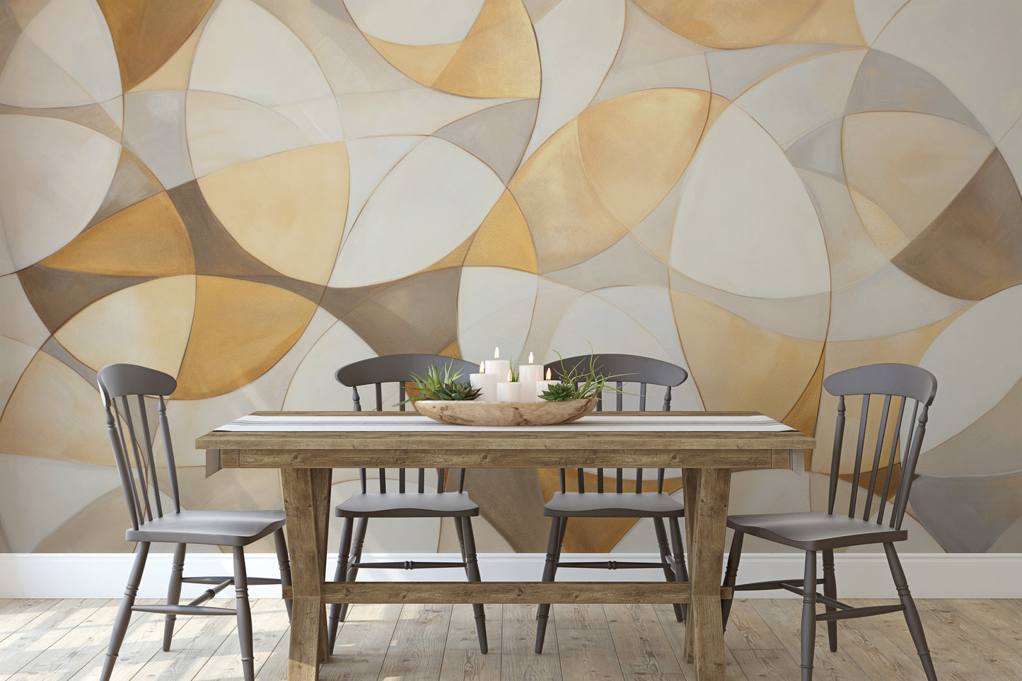 Wzór fototapety malowanej o nazwie GOLDEN VORTEX MOSAIC pokazanej w aranżacji wnętrza.