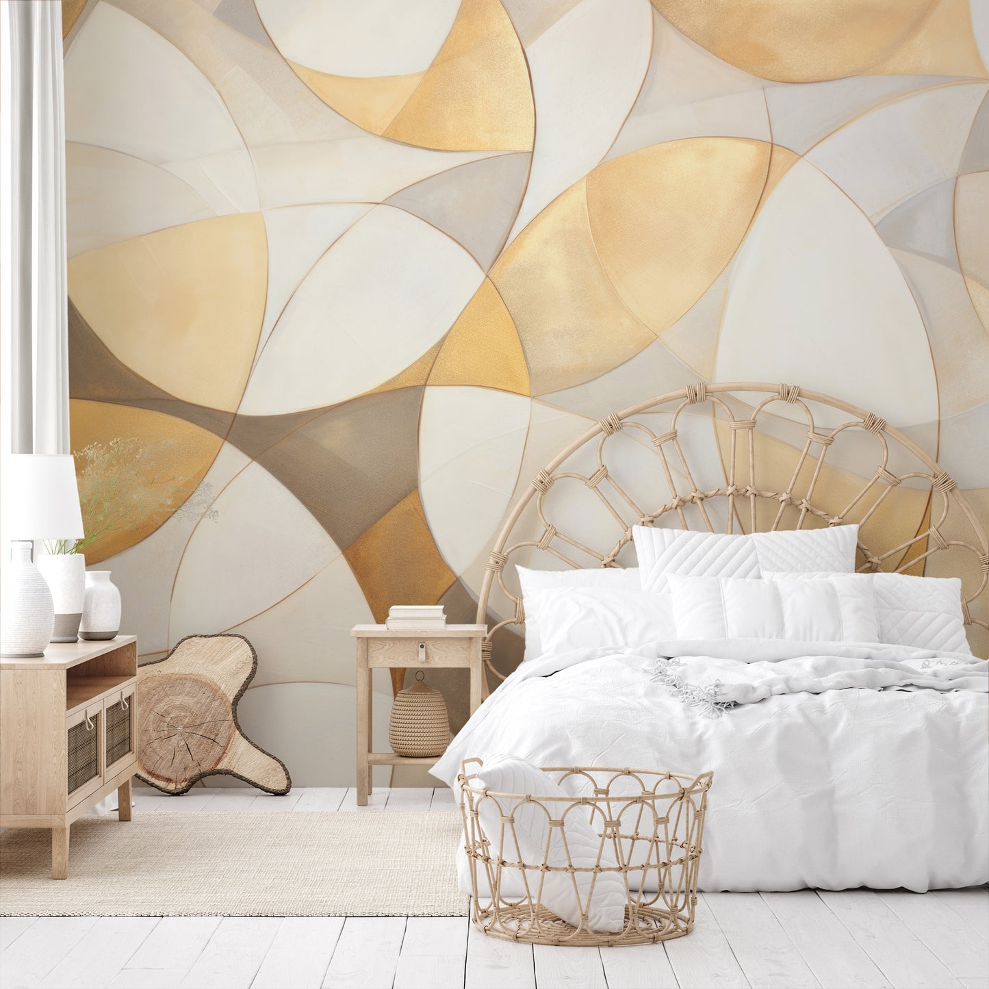 Wzór fototapety o nazwie GOLDEN VORTEX MOSAIC pokazanej w kontekście pomieszczenia.