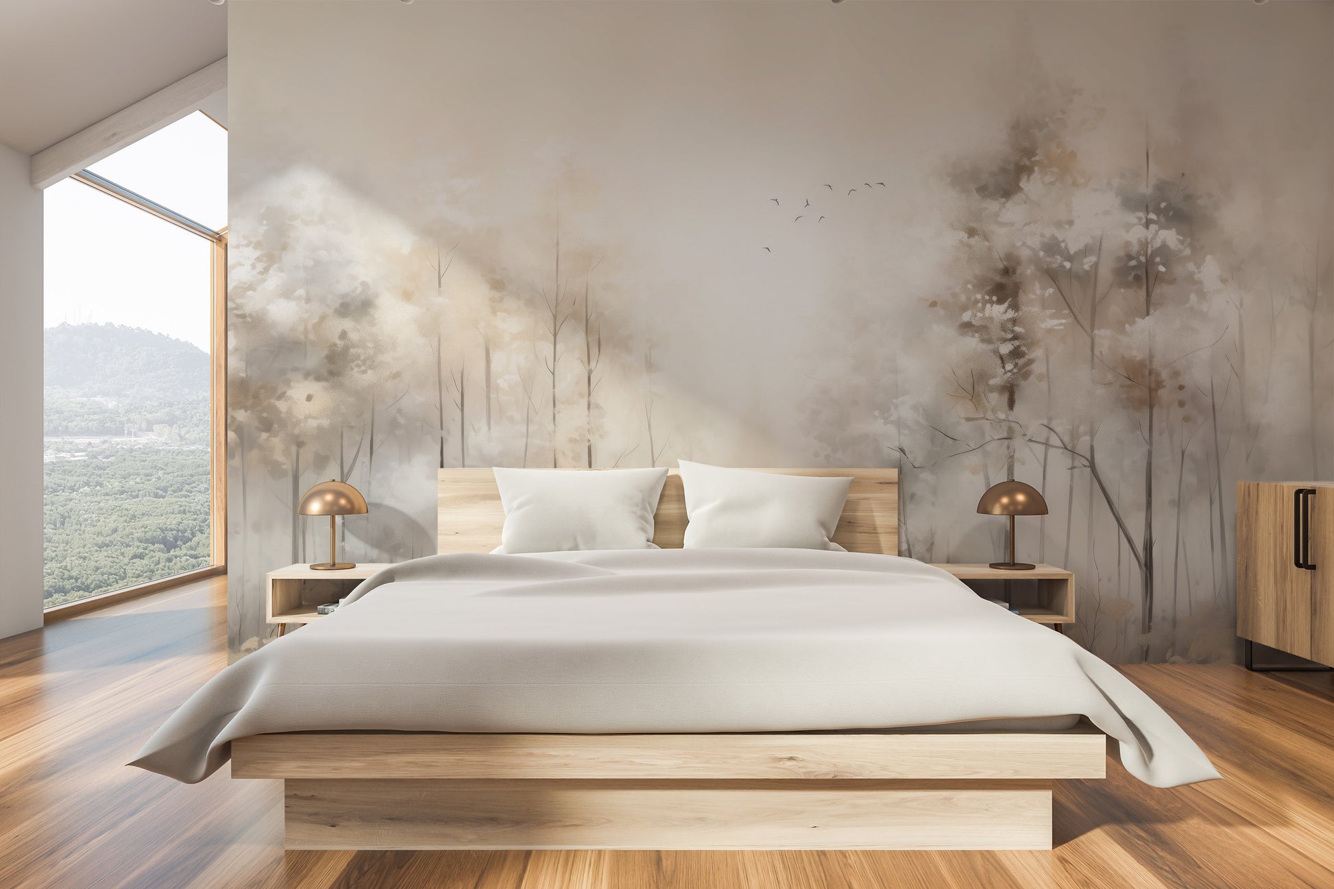 Fototapeta artystyczna o nazwie MORNING'S FIRST FLIGHT MURAL pokazana w aranżacji wnętrza.