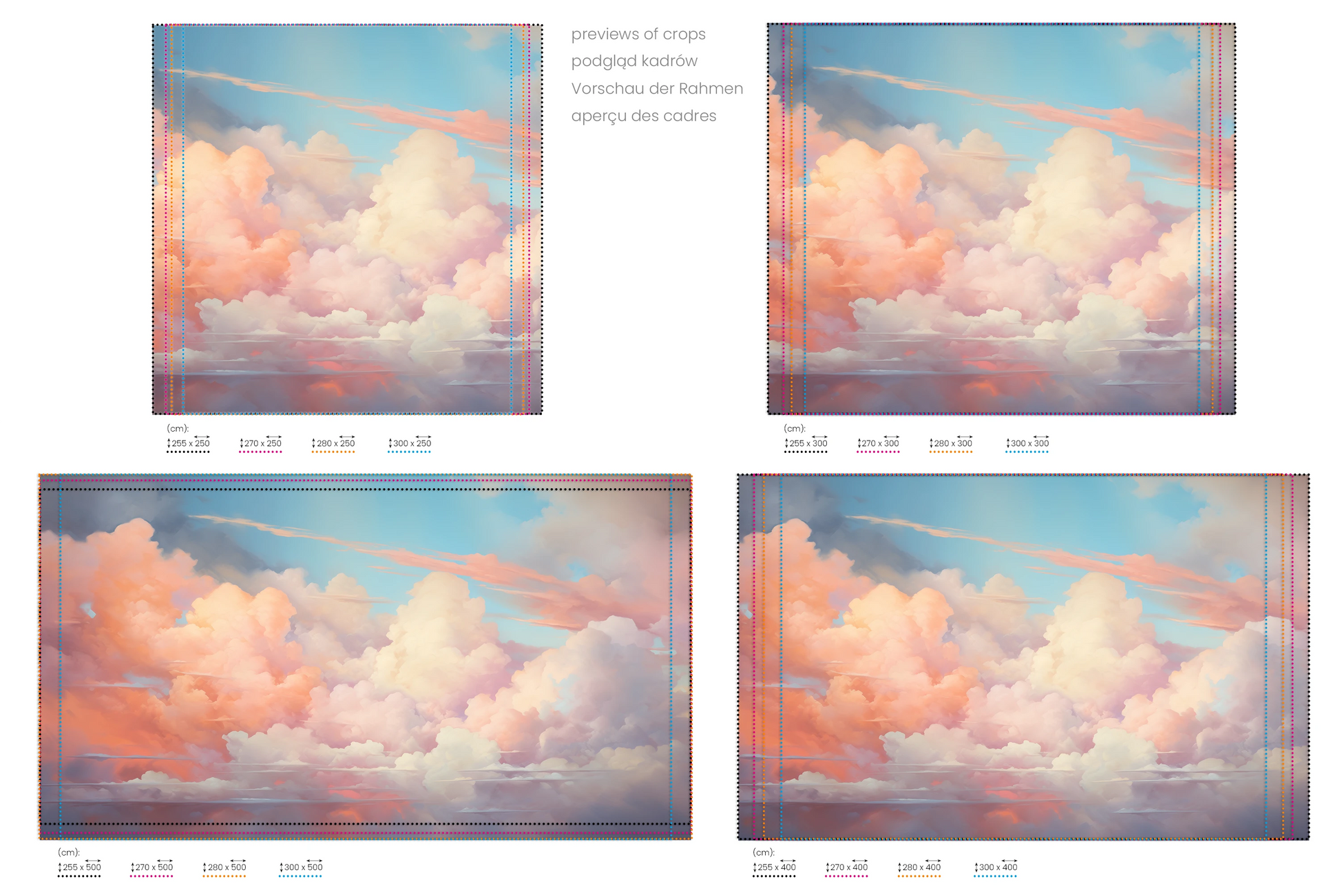 Na obrazie znajduje się prezentacja przykładowych rozmiarów fototapety o nazwie Cotton Candy Skies. Rozmiar fototapety jest dowolny.