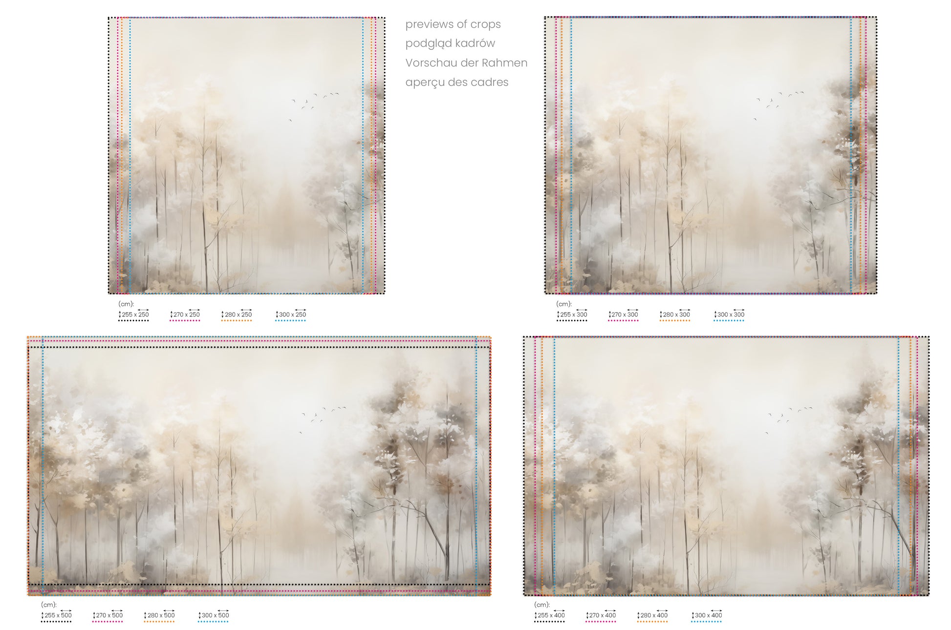 Na obrazie znajduje się prezentacja przykładowych rozmiarów fototapety o nazwie MORNING'S FIRST FLIGHT MURAL. Rozmiar fototapety jest dowolny.