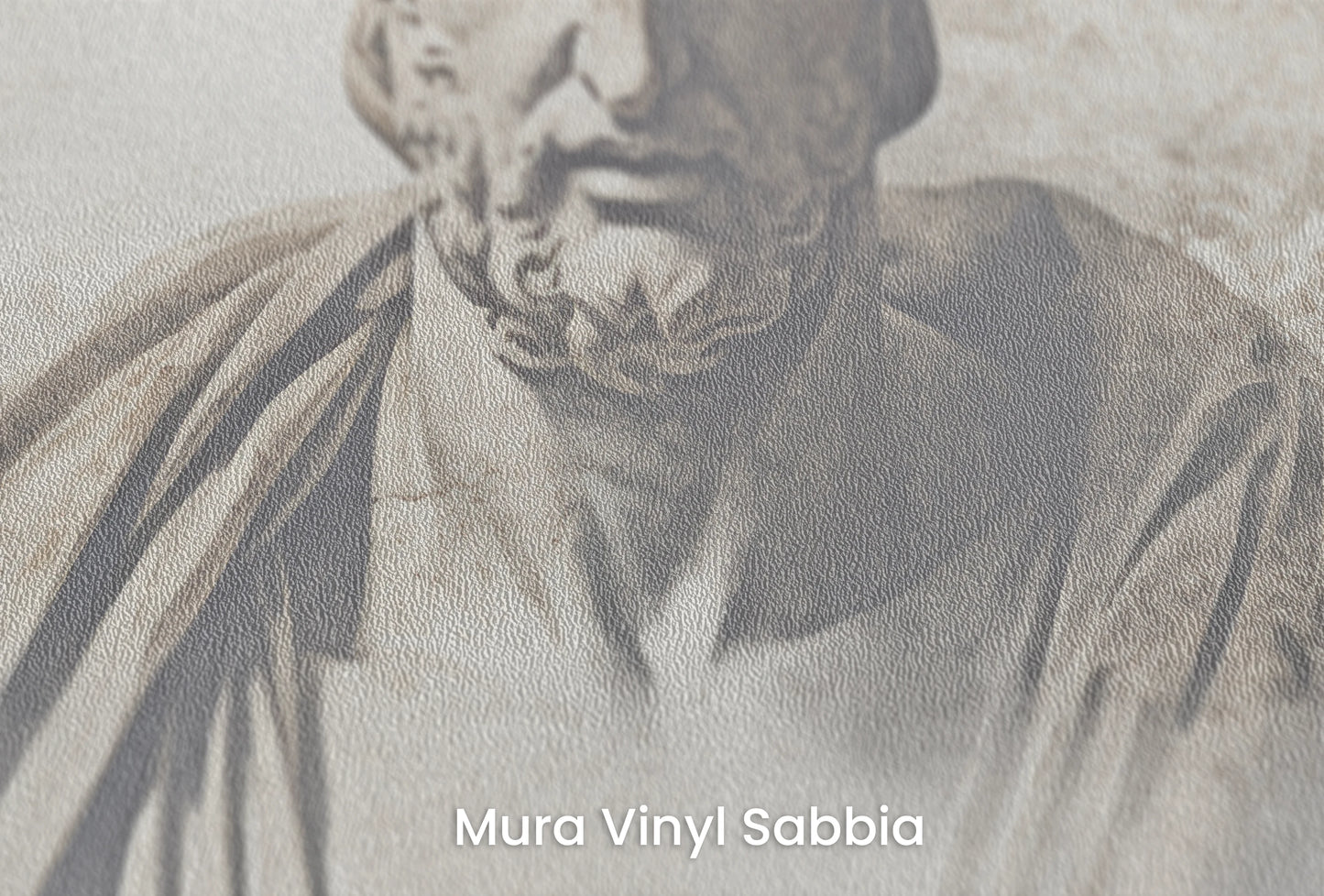 Zbliżenie na artystyczną fototapetę o nazwie Thoughtful Heraclitus na podłożu Mura Vinyl Sabbia struktura grubego ziarna piasku.