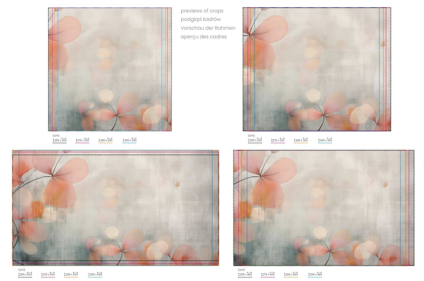 Na obrazie znajduje się prezentacja przykładowych rozmiarów fototapety o nazwie Abstract Petals. Rozmiar fototapety jest dowolny.