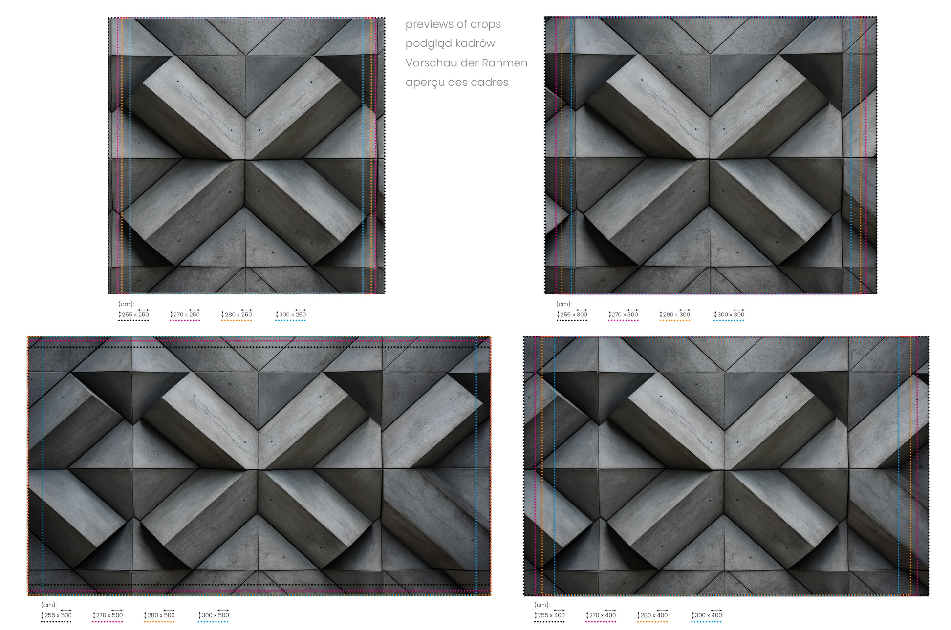Na obrazie znajduje się prezentacja przykładowych rozmiarów fototapety o nazwie Triangular Depth. Rozmiar fototapety jest dowolny.