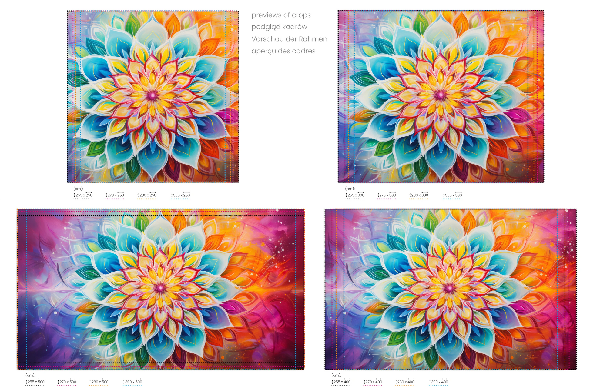 Na obrazie znajduje się prezentacja przykładowych rozmiarów fototapety o nazwie Vibrant Lotus. Rozmiar fototapety jest dowolny.