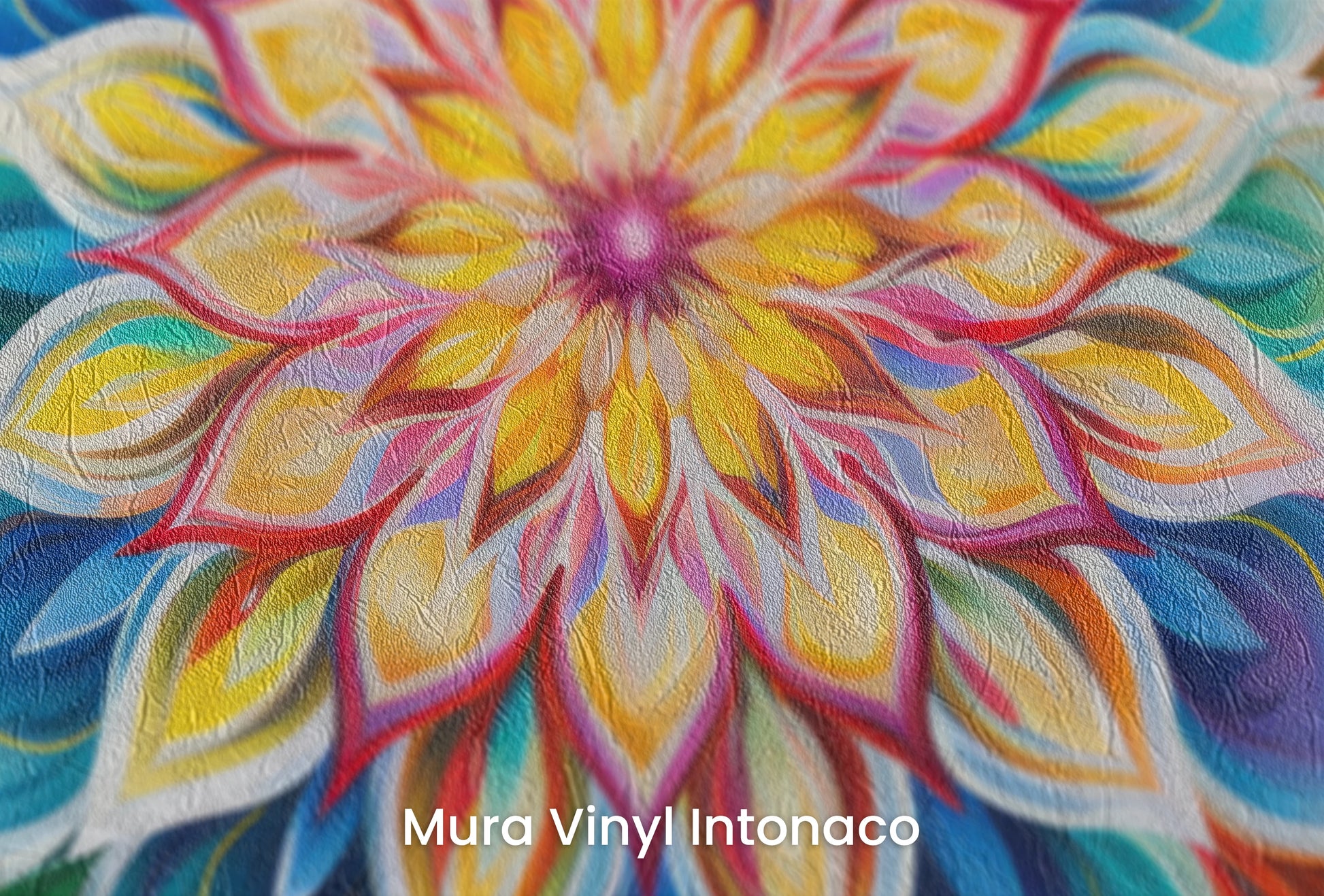 Zbliżenie na artystyczną fototapetę o nazwie Vibrant Lotus na podłożu Mura Vinyl Intonaco - struktura tartego tynku.