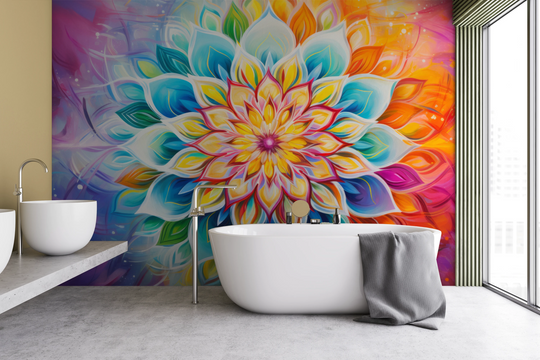Wzór fototapety artystycznej o nazwie Vibrant Lotus pokazanej w aranżacji wnętrza.