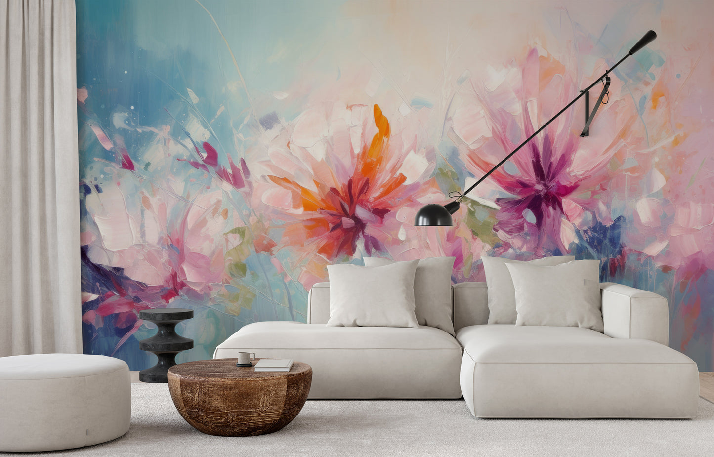 Fototapeta artystyczna o nazwie Blushing Floral Delicacy pokazana w aranżacji wnętrza.
