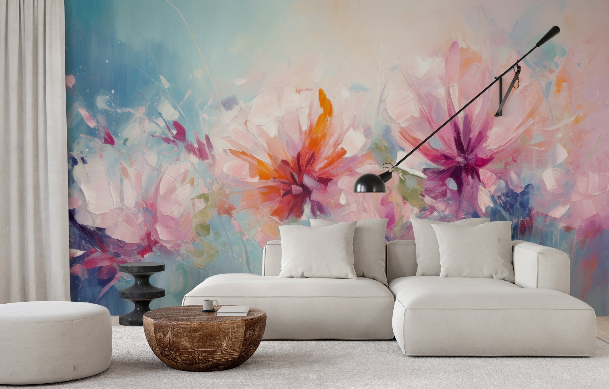 Fototapeta artystyczna o nazwie Blushing Floral Delicacy pokazana w aranżacji wnętrza.
