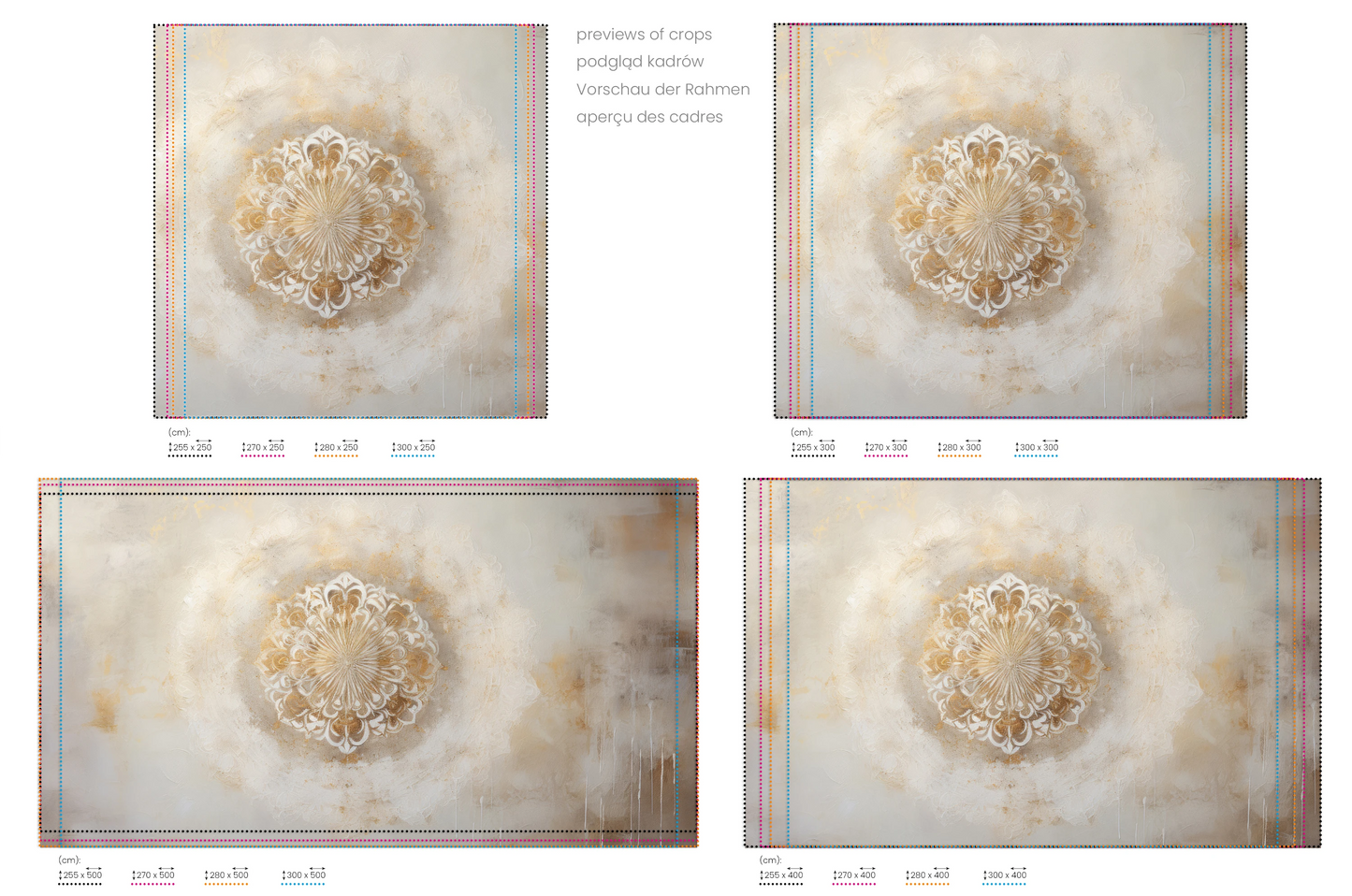 Na obrazie znajduje się prezentacja przykładowych rozmiarów fototapety o nazwie Celestial Elegance. Rozmiar fototapety jest dowolny.