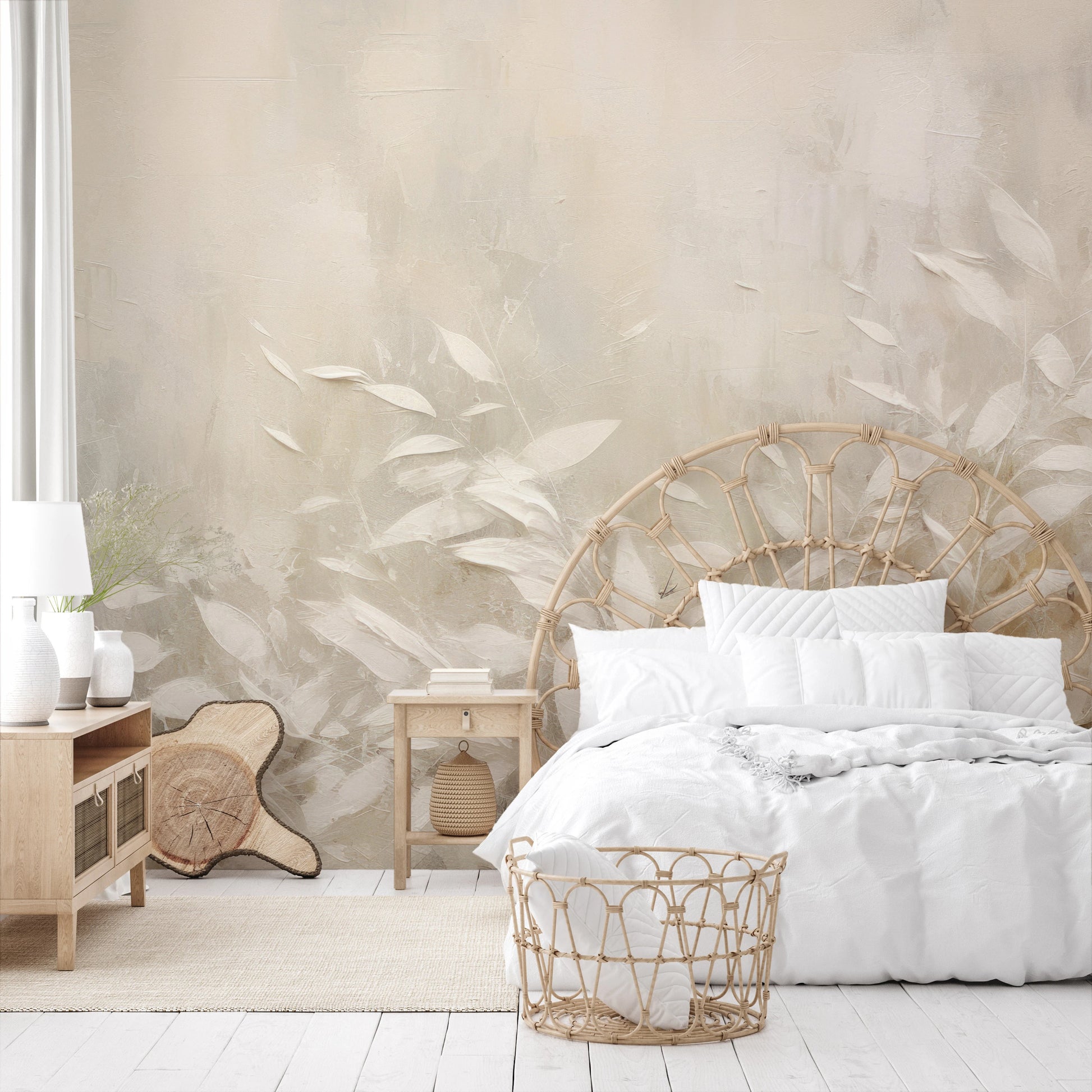 Fototapeta artystyczna o nazwie White Foliage Whispers pokazana w aranżacji wnętrza.