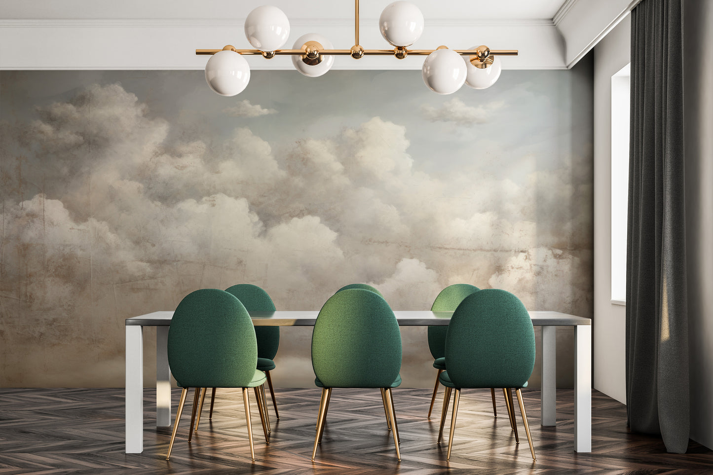 Wzór fototapety artystycznej o nazwie TIMELESS VISTA CLOUDSCAPE pokazanej w aranżacji wnętrza.