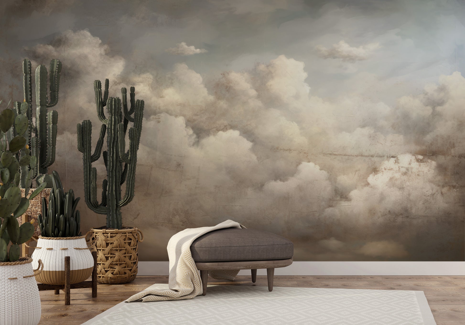 Wzór fototapety o nazwie TIMELESS VISTA CLOUDSCAPE pokazanej w kontekście pomieszczenia.