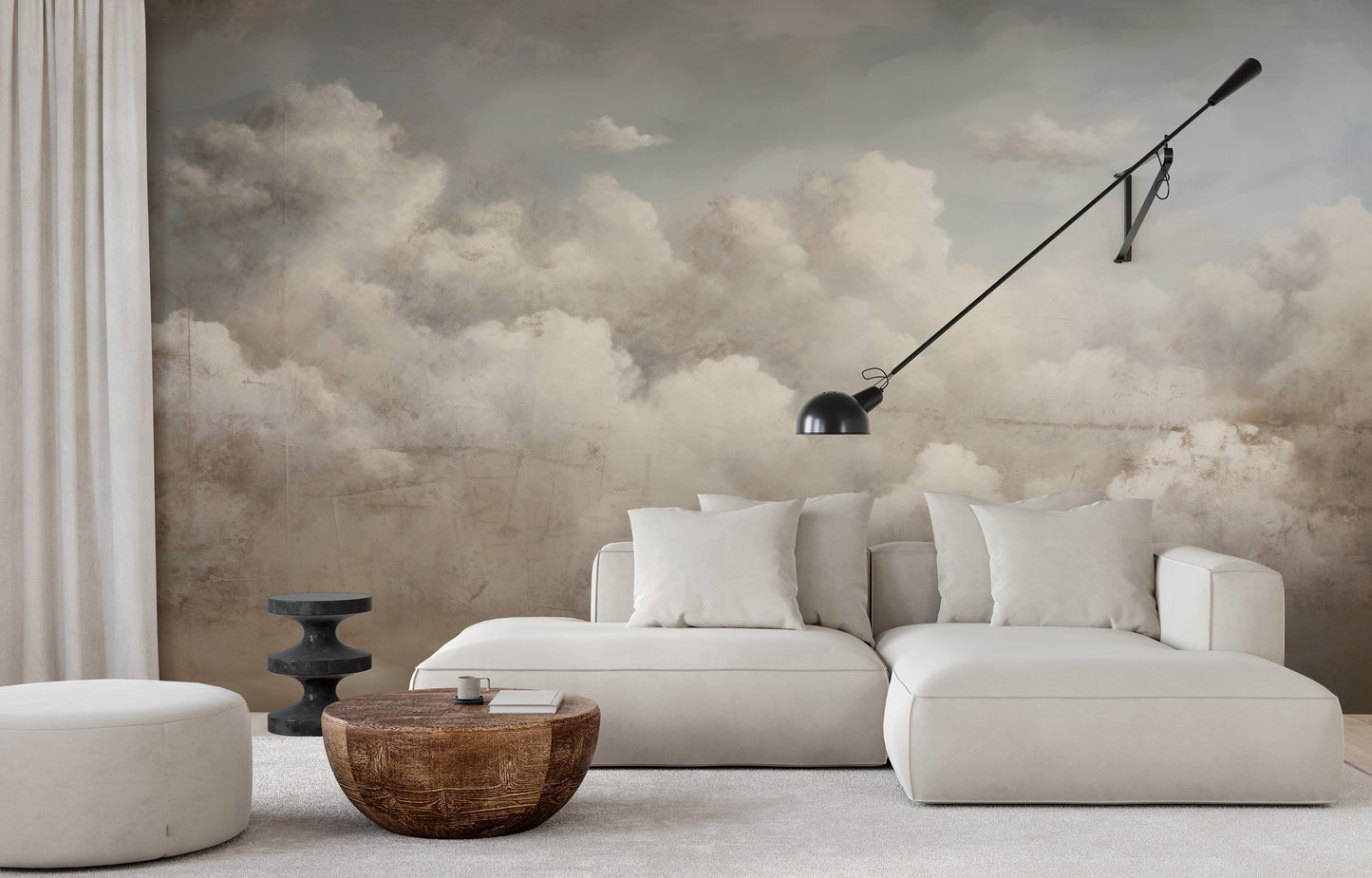 Zdjęcie prezentuje aranżację wnętrza z użyciem fototapety o nazwie TIMELESS VISTA CLOUDSCAPE pokazanej w aranżacji wnętrza.