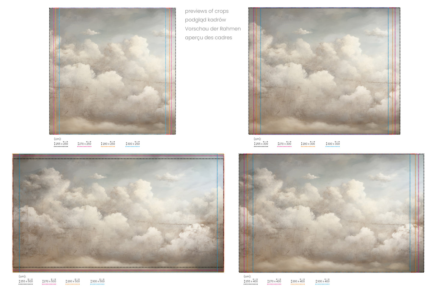 Na obrazie znajduje się prezentacja przykładowych rozmiarów fototapety o nazwie TIMELESS VISTA CLOUDSCAPE. Rozmiar fototapety jest dowolny.