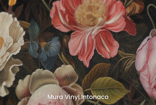 Zbliżenie na artystyczną fototapetę o nazwie Baroque Floral Richness na podłożu Mura Vinyl Intonaco - struktura tartego tynku.