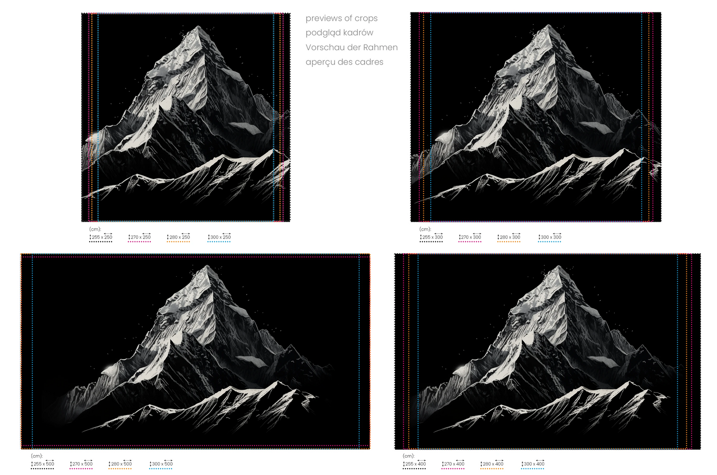 Na obrazie znajduje się prezentacja przykładowych rozmiarów fototapety o nazwie Nocturnal Elegance. Rozmiar fototapety jest dowolny.