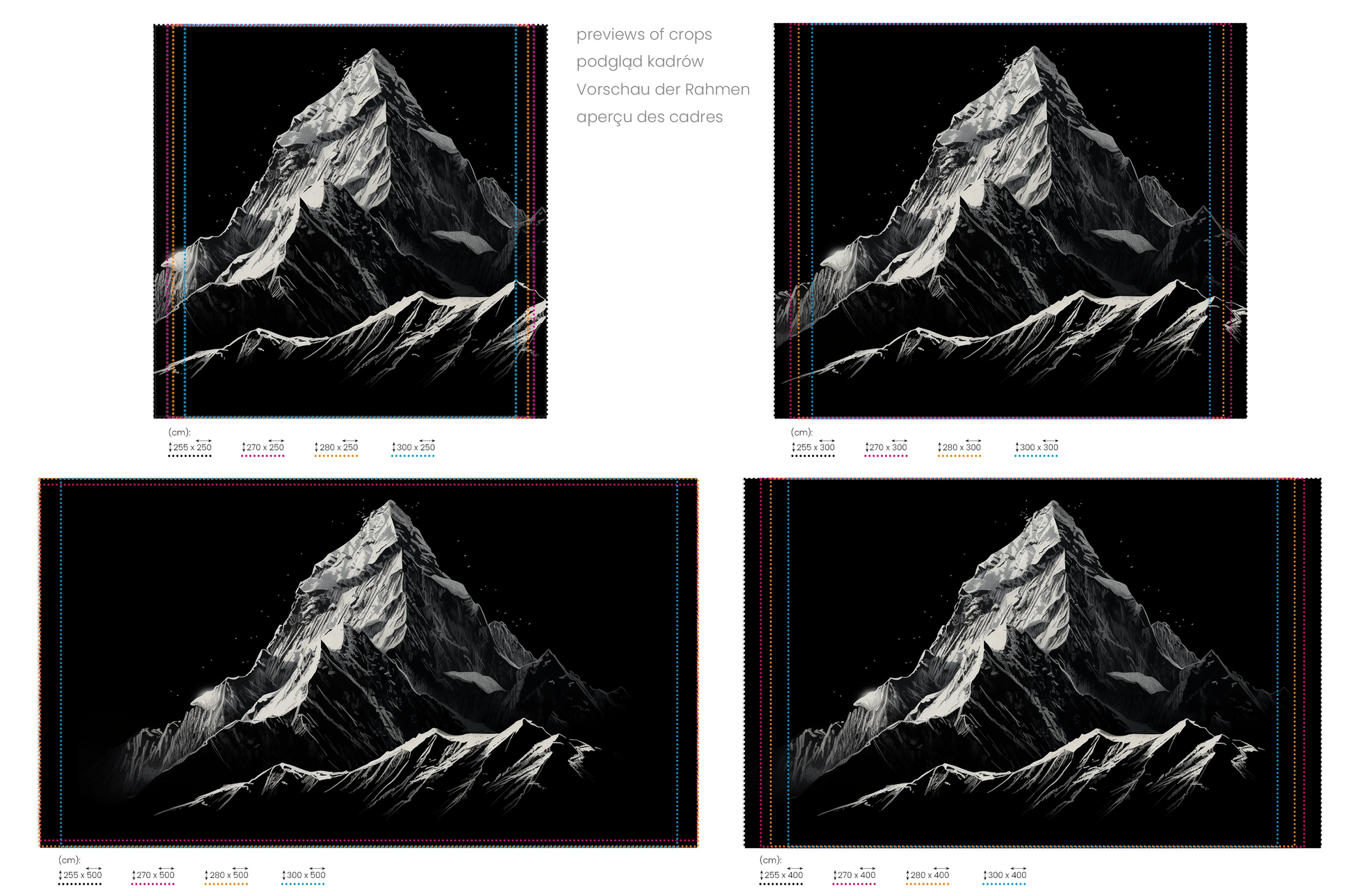 Na obrazie znajduje się prezentacja przykładowych rozmiarów fototapety o nazwie Nocturnal Elegance. Rozmiar fototapety jest dowolny.