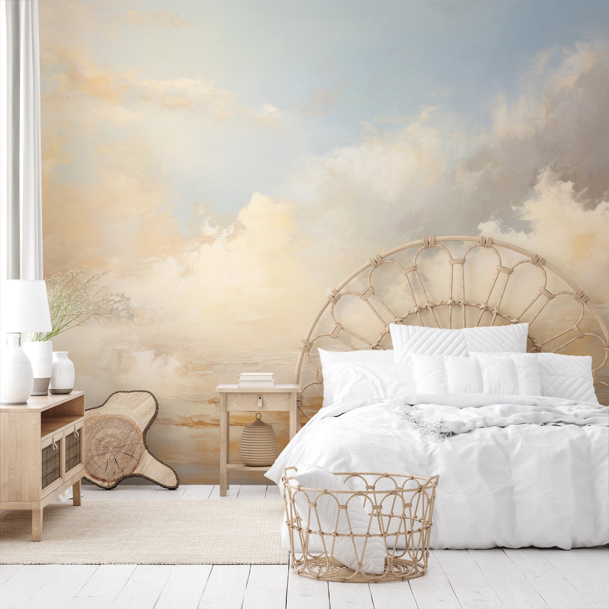 Wzór fototapety artystycznej o nazwie GOLDEN HORIZON HAZE pokazanej w aranżacji wnętrza.