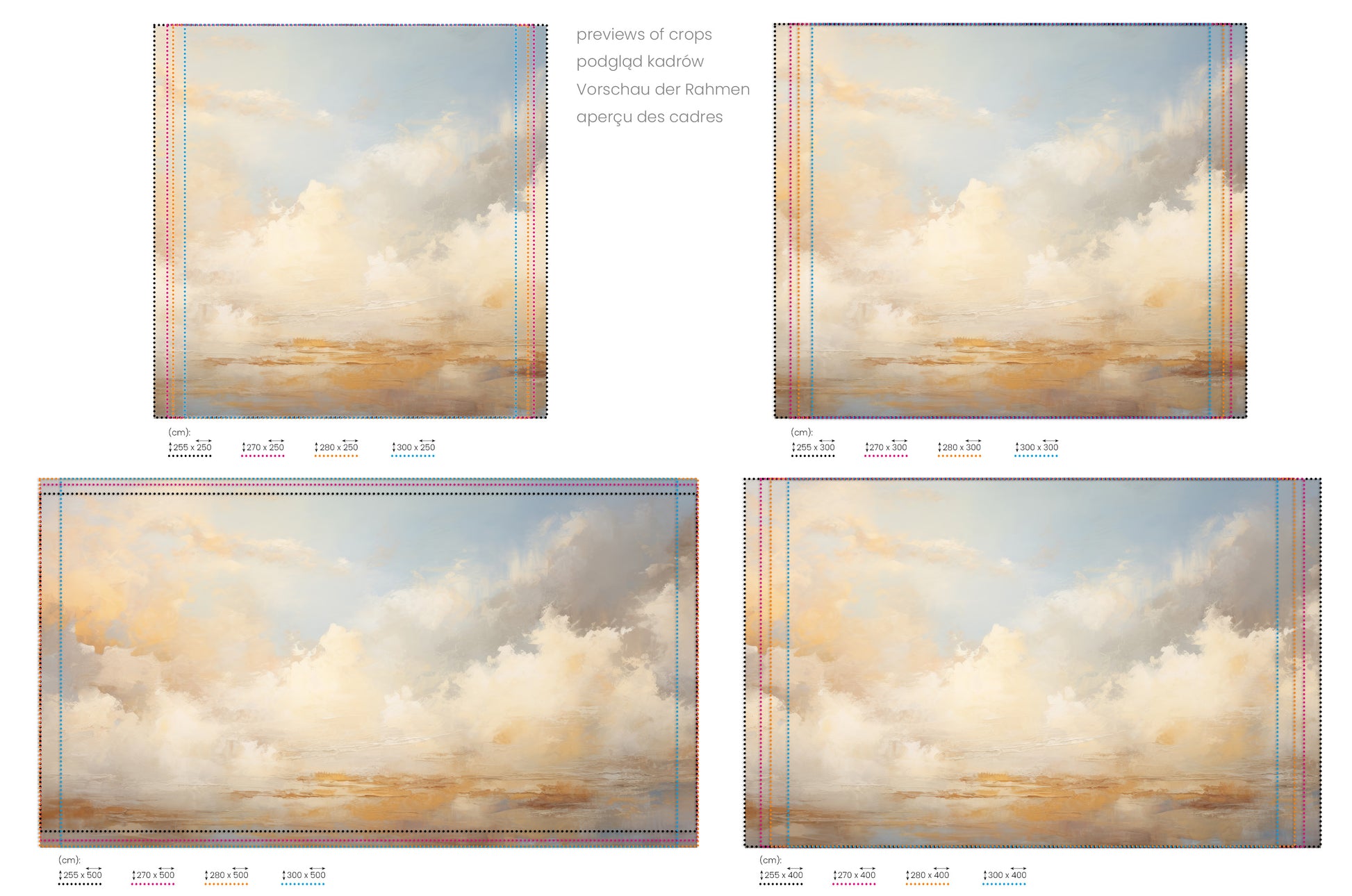 Na obrazie znajduje się prezentacja przykładowych rozmiarów fototapety o nazwie GOLDEN HORIZON HAZE. Rozmiar fototapety jest dowolny.