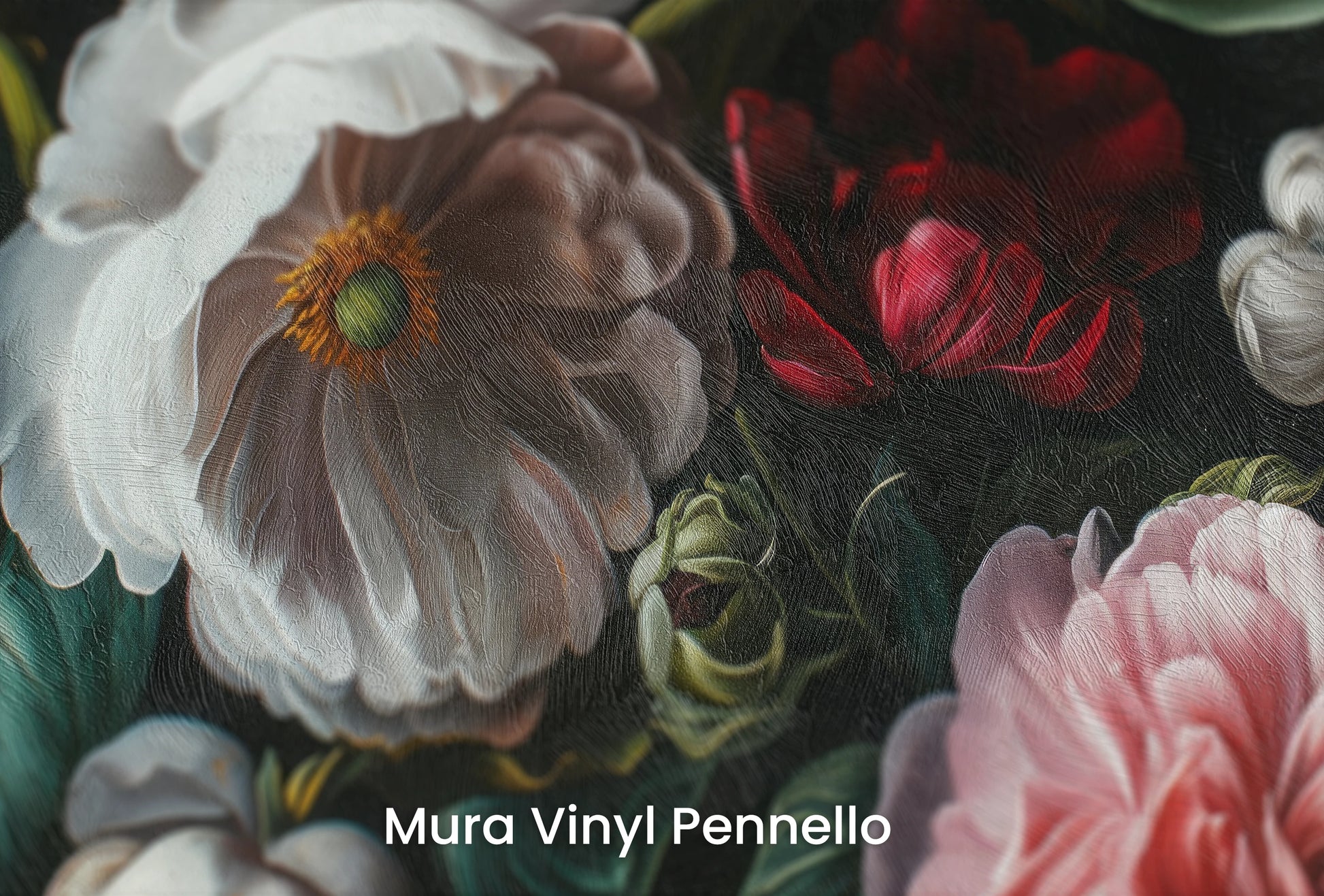 Zbliżenie na artystyczną fototapetę o nazwie Midnight Floral Drama na podłożu Mura Vinyl Pennello - faktura pociągnięć pędzla malarskiego.