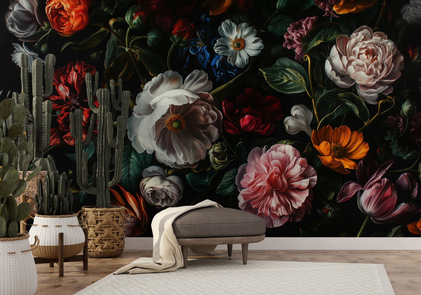 Fototapeta artystyczna o nazwie Midnight Floral Drama pokazana w aranżacji wnętrza.