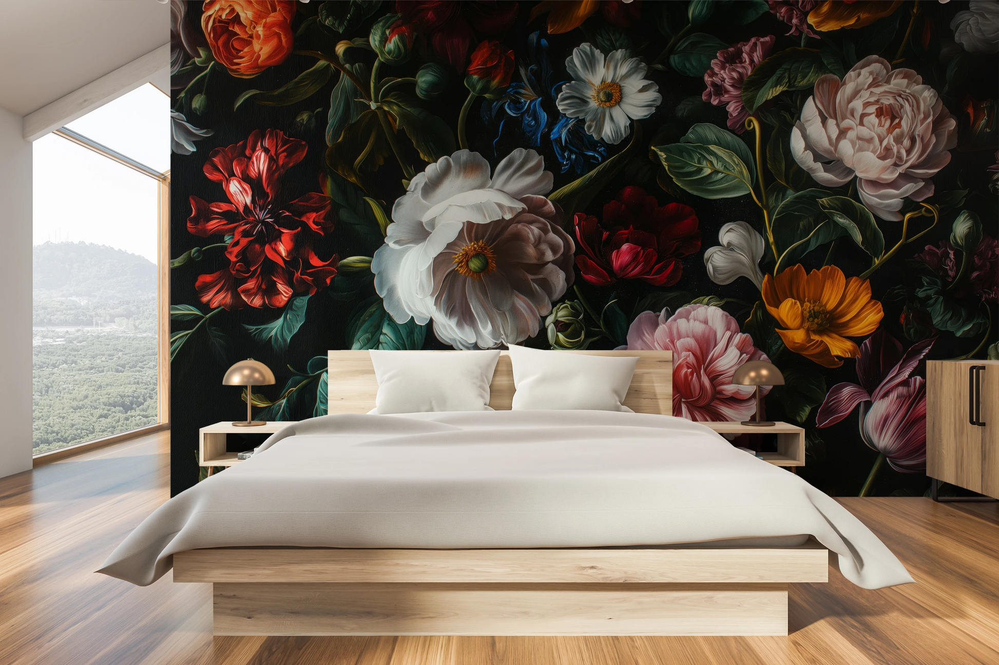 Wzór fototapety malowanej o nazwie Midnight Floral Drama pokazanej w aranżacji wnętrza.