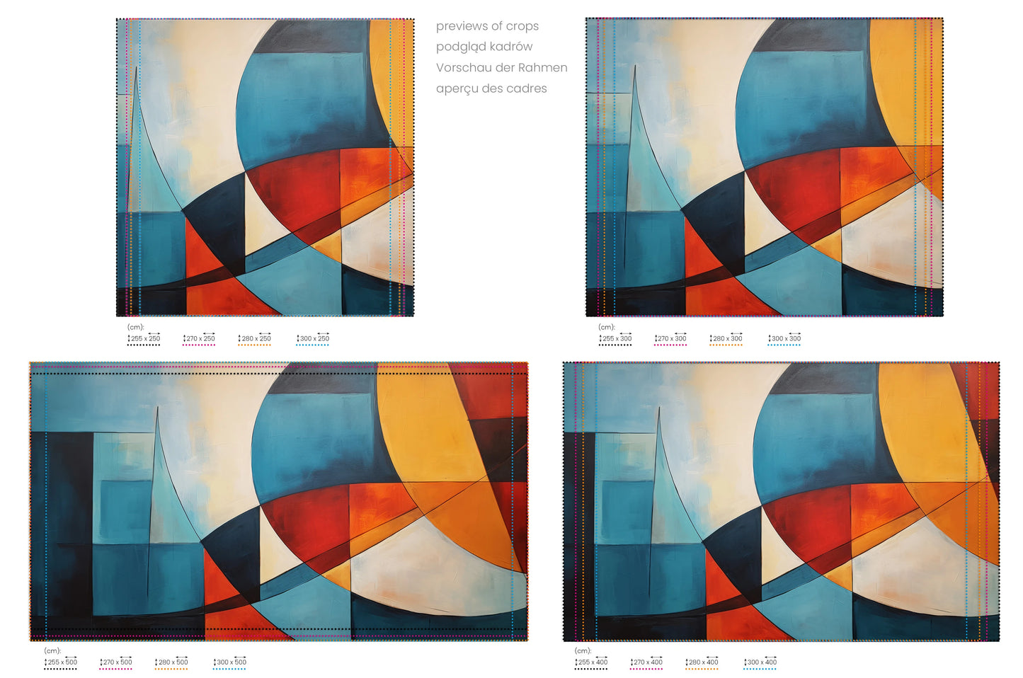 Na obrazie znajduje się prezentacja przykładowych rozmiarów fototapety o nazwie Colorful Geometry #4. Rozmiar fototapety jest dowolny.