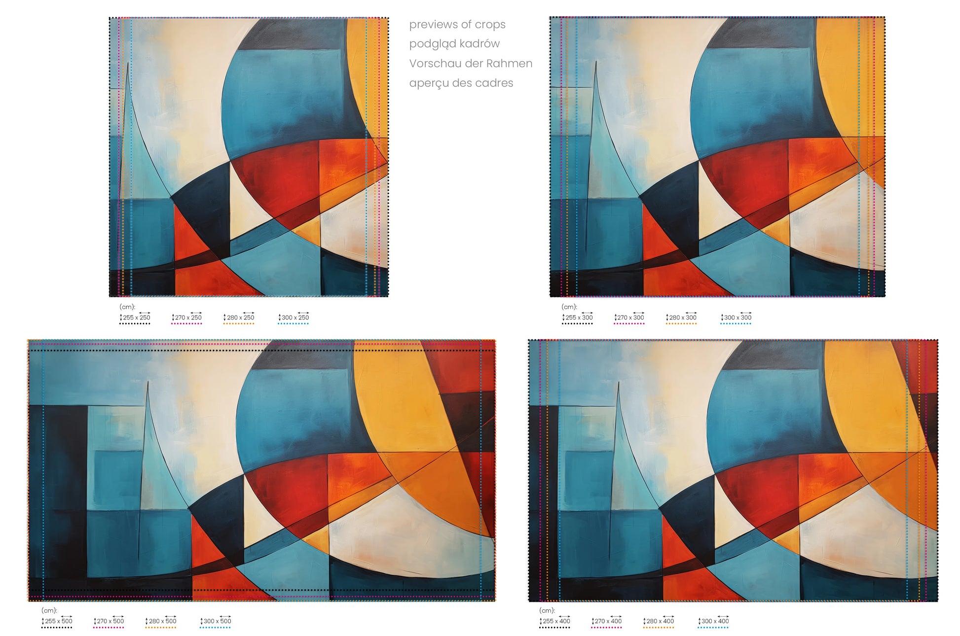 Na obrazie znajduje się prezentacja przykładowych rozmiarów fototapety o nazwie Colorful Geometry #4. Rozmiar fototapety jest dowolny.