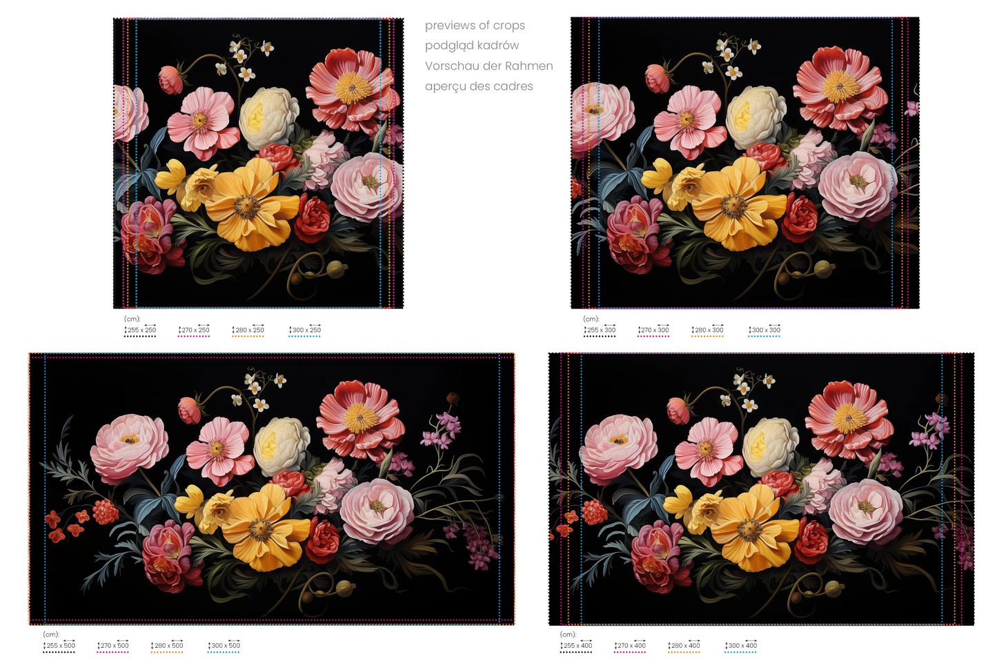 Na obrazie znajduje się prezentacja przykładowych rozmiarów fototapety o nazwie Floral Renaissance. Rozmiar fototapety jest dowolny.