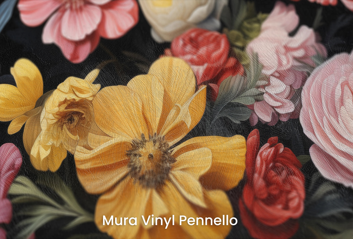 Zbliżenie na artystyczną fototapetę o nazwie Floral Renaissance na podłożu Mura Vinyl Pennello - faktura pociągnięć pędzla malarskiego.