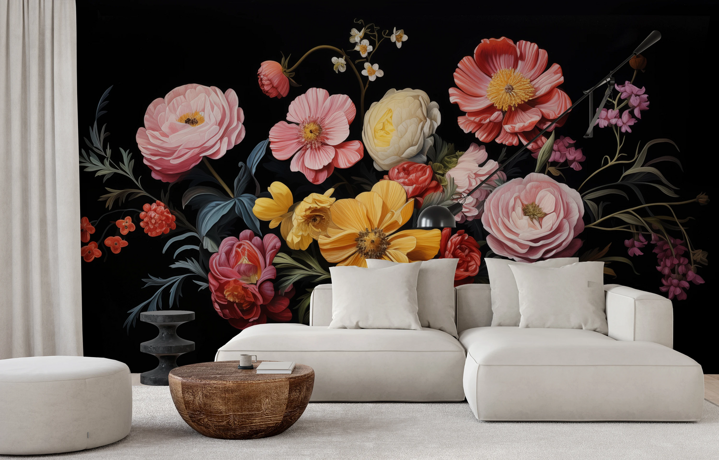 Wzór fototapety malowanej o nazwie Floral Renaissance pokazanej w aranżacji wnętrza.