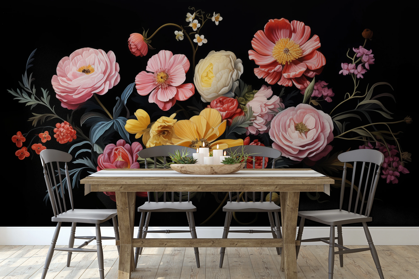 Wzór fototapety artystycznej o nazwie Floral Renaissance pokazanej w aranżacji wnętrza.