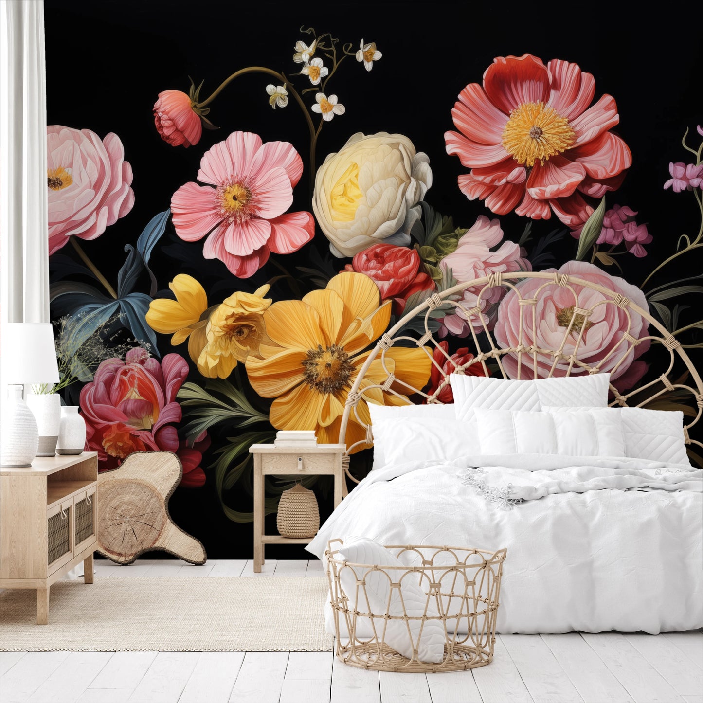 Fototapeta artystyczna o nazwie Floral Renaissance pokazana w aranżacji wnętrza.