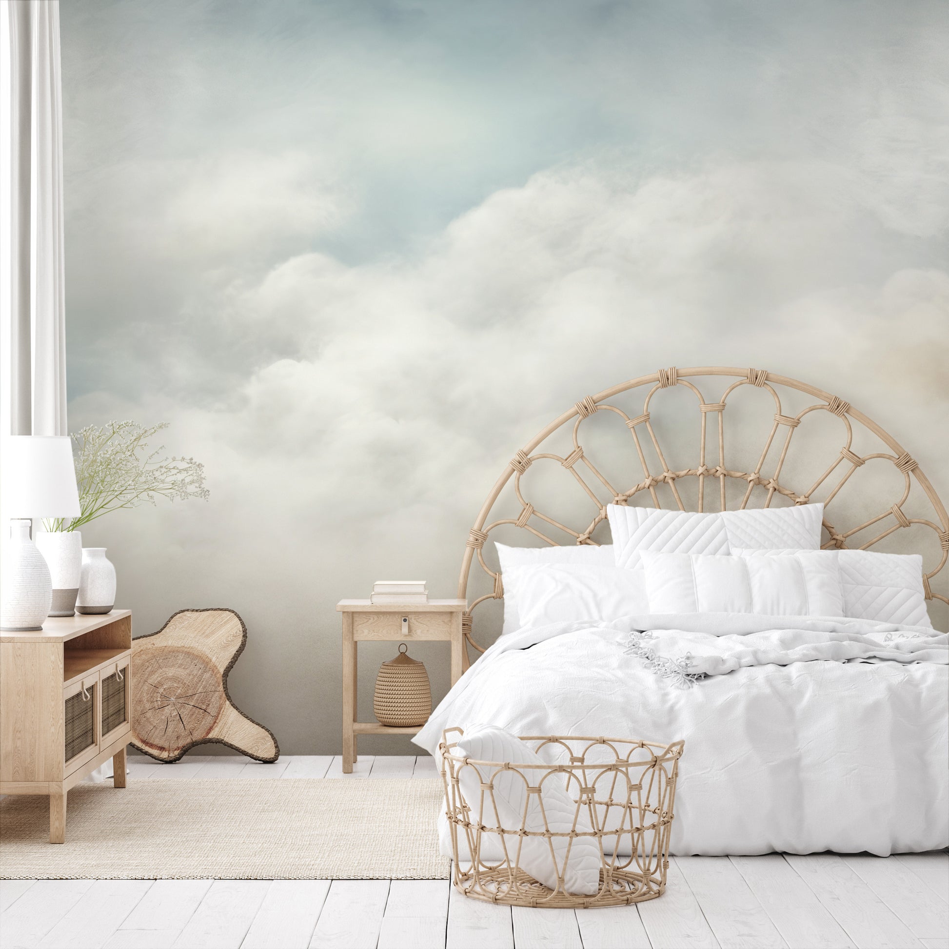 Zdjęcie prezentuje aranżację wnętrza z użyciem fototapety o nazwie SOFT EMINENCE CLOUDSCAPE pokazanej w aranżacji wnętrza.