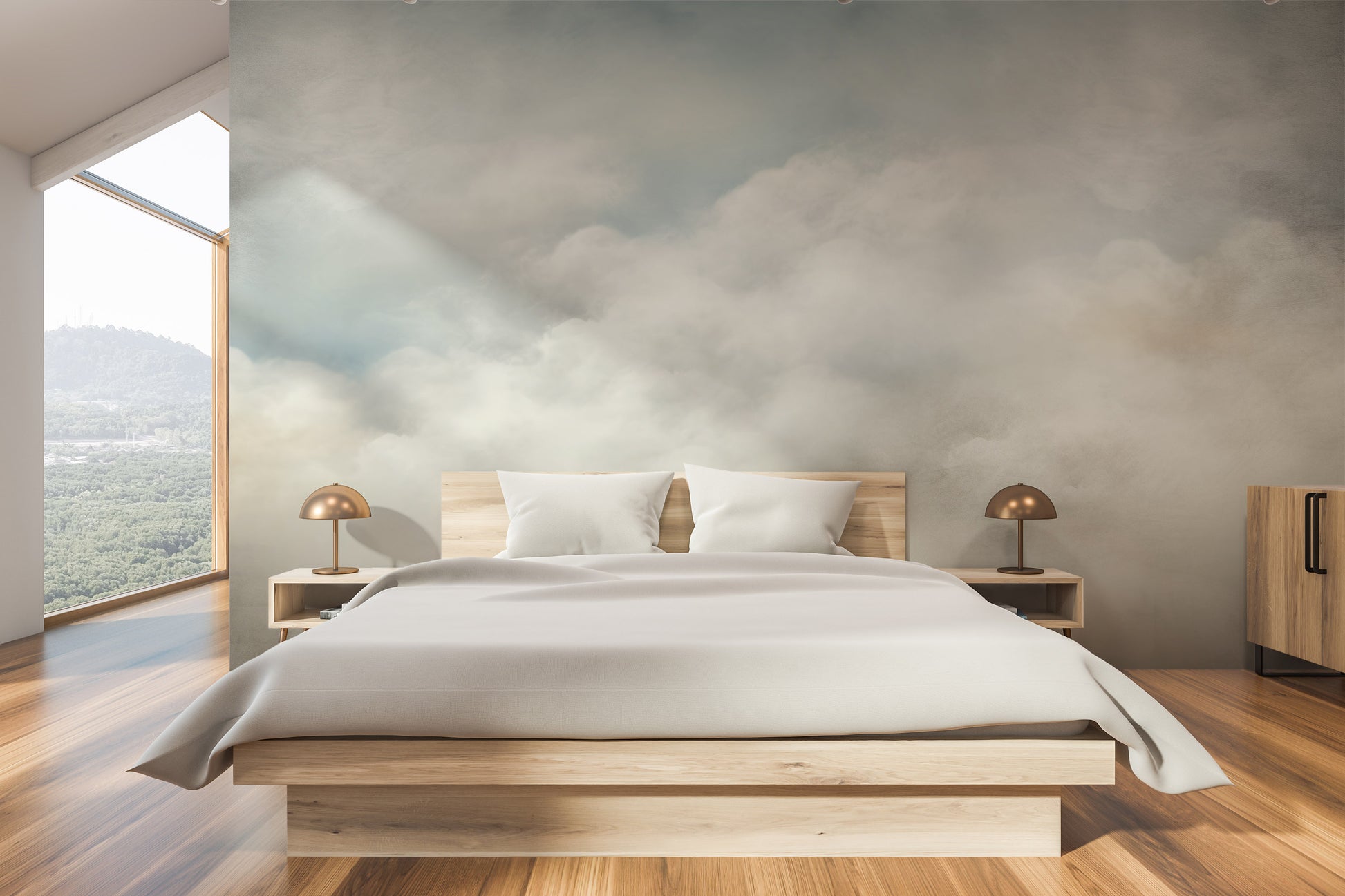 Wzór fototapety o nazwie SOFT EMINENCE CLOUDSCAPE pokazanej w kontekście pomieszczenia.