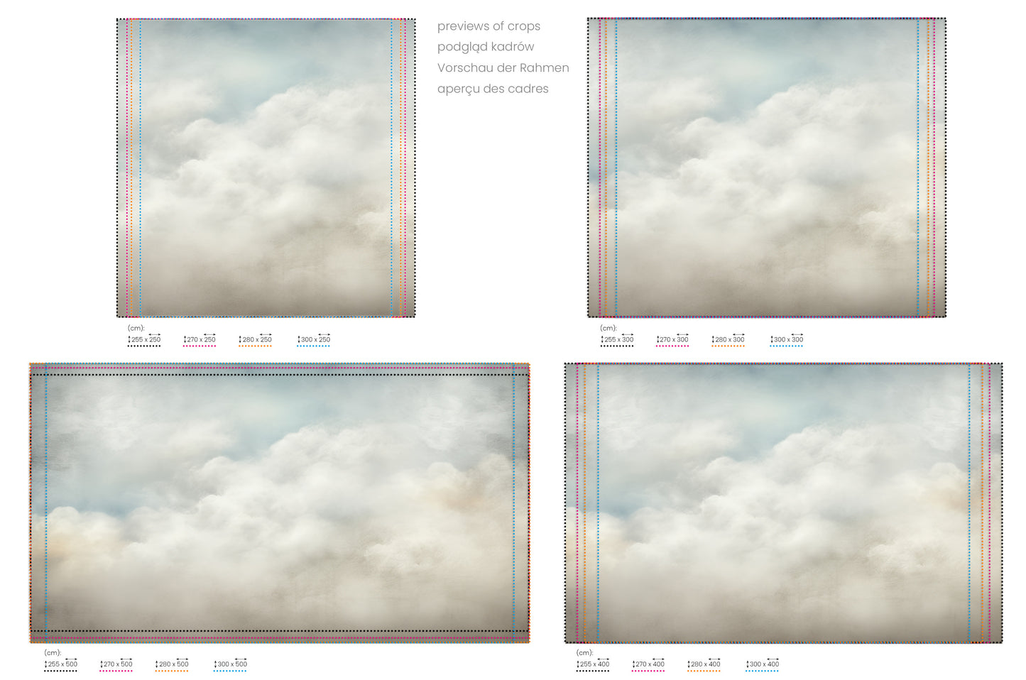 Na obrazie znajduje się prezentacja przykładowych rozmiarów fototapety o nazwie SOFT EMINENCE CLOUDSCAPE. Rozmiar fototapety jest dowolny.