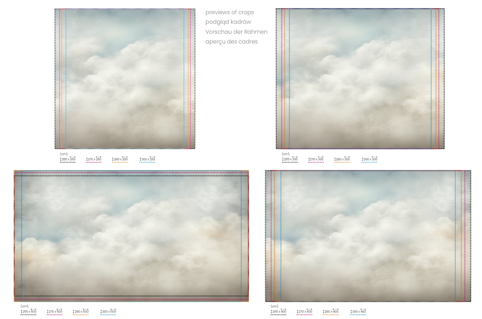 Na obrazie znajduje się prezentacja przykładowych rozmiarów fototapety o nazwie SOFT EMINENCE CLOUDSCAPE. Rozmiar fototapety jest dowolny.
