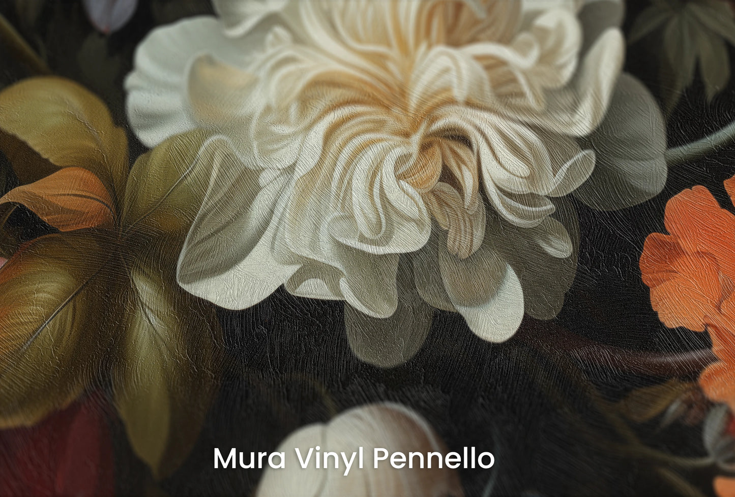 Zbliżenie na artystyczną fototapetę o nazwie Nocturnal Flora na podłożu Mura Vinyl Pennello - faktura pociągnięć pędzla malarskiego.
