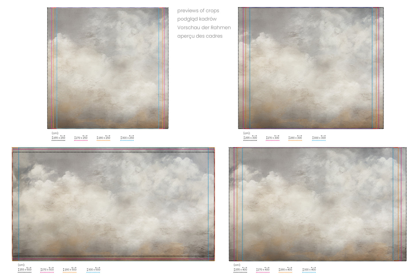 Na obrazie znajduje się prezentacja przykładowych rozmiarów fototapety o nazwie MONOCHROME CLOUD MAJESTY. Rozmiar fototapety jest dowolny.