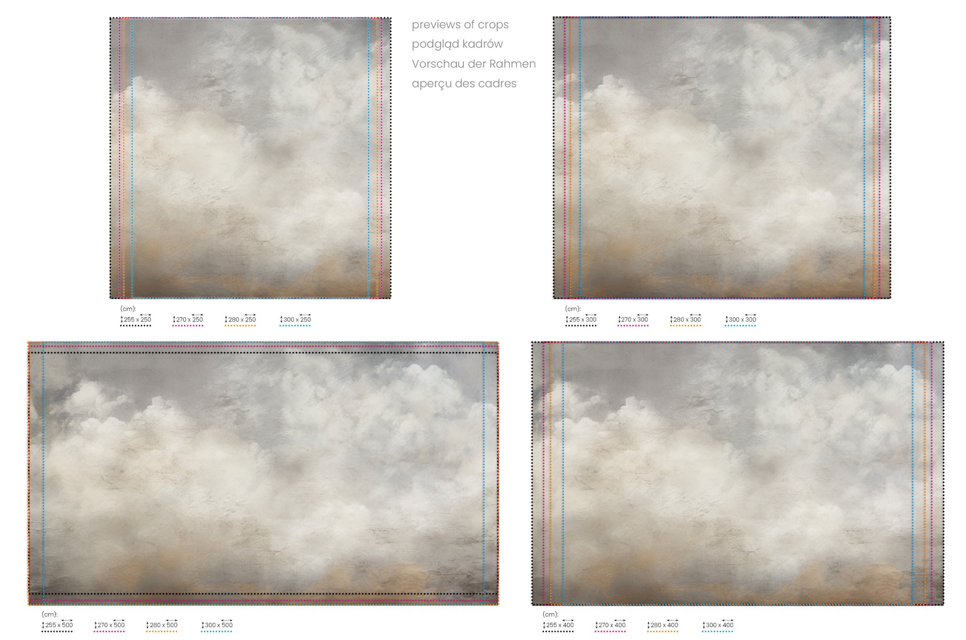 Na obrazie znajduje się prezentacja przykładowych rozmiarów fototapety o nazwie MONOCHROME CLOUD MAJESTY. Rozmiar fototapety jest dowolny.