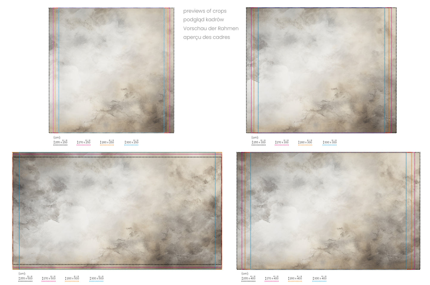 Na obrazie znajduje się prezentacja przykładowych rozmiarów fototapety o nazwie MISTY AETHER SWIRLS. Rozmiar fototapety jest dowolny.