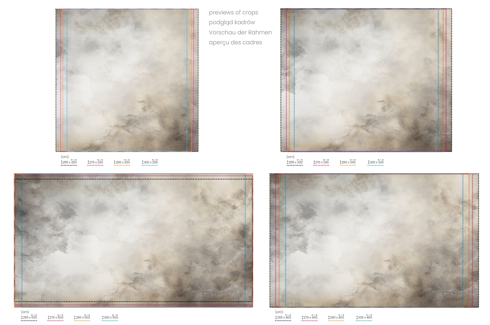 Na obrazie znajduje się prezentacja przykładowych rozmiarów fototapety o nazwie MISTY AETHER SWIRLS. Rozmiar fototapety jest dowolny.