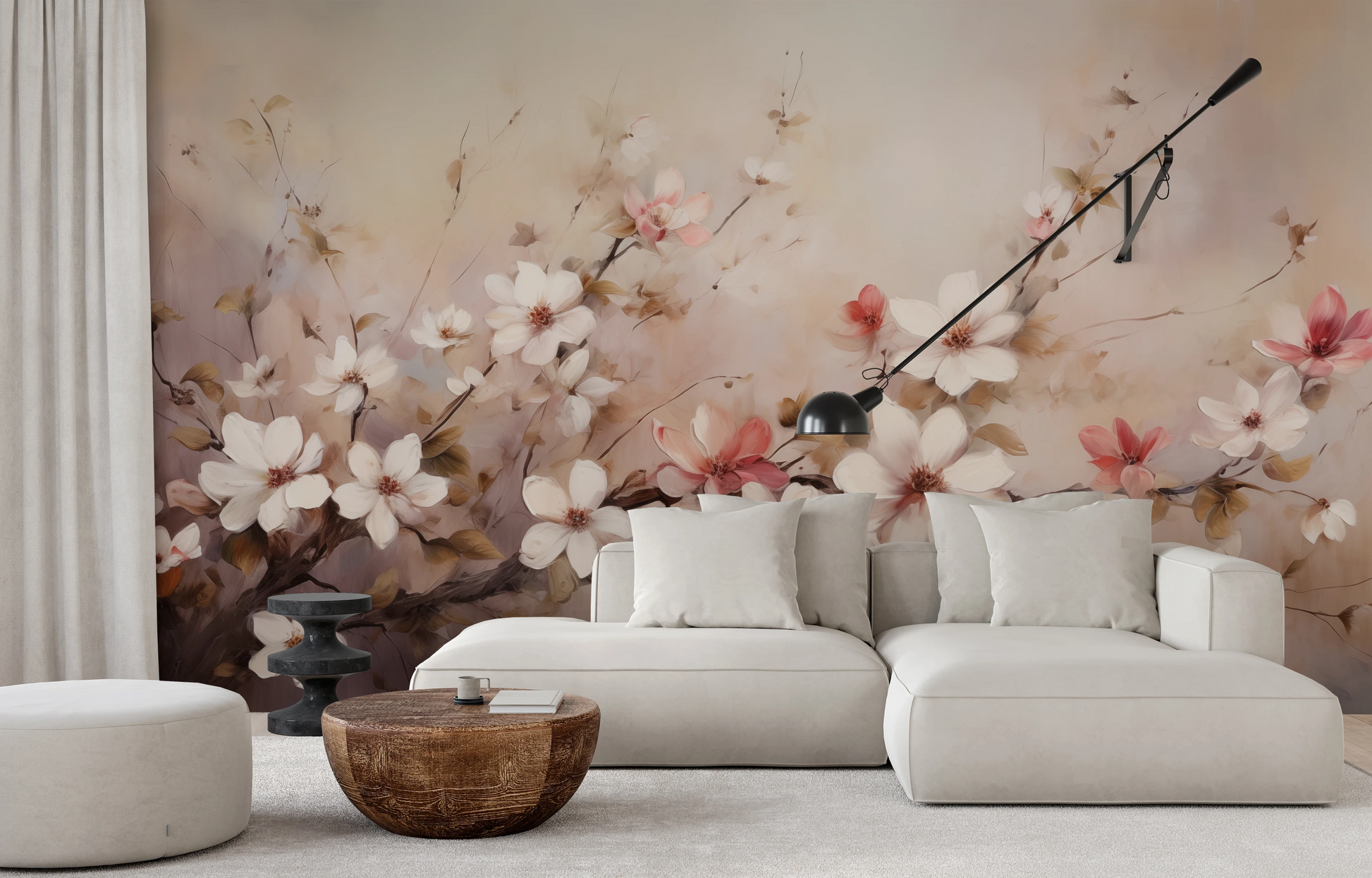 Wzór fototapety malowanej o nazwie Misty Blossom pokazanej w aranżacji wnętrza.