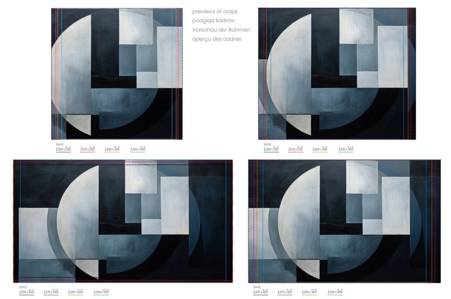 Na obrazie znajduje się prezentacja przykładowych rozmiarów fototapety o nazwie Geometric Crescent. Rozmiar fototapety jest dowolny.