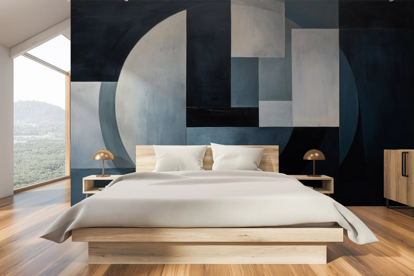 Wzór fototapety artystycznej o nazwie Geometric Crescent pokazanej w aranżacji wnętrza.