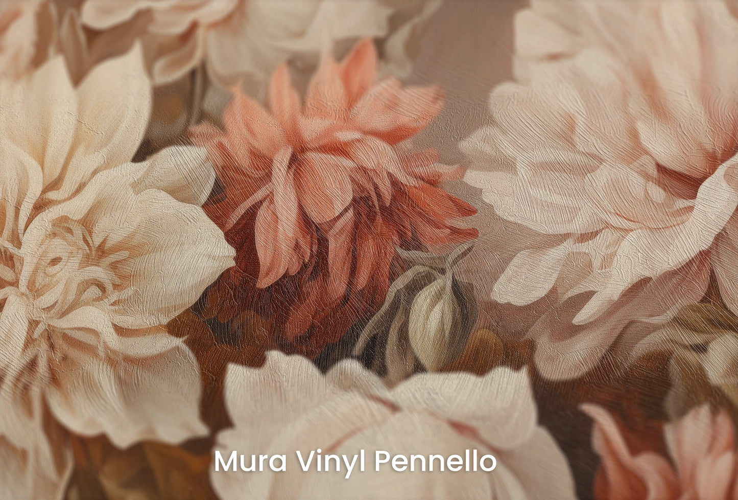 Zbliżenie na artystyczną fototapetę o nazwie Vintage Rose Ensemble na podłożu Mura Vinyl Pennello - faktura pociągnięć pędzla malarskiego.