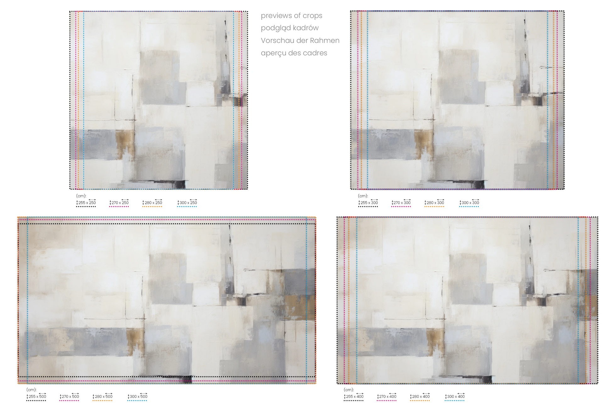 Na obrazie znajduje się prezentacja przykładowych rozmiarów fototapety o nazwie Abstract Layers. Rozmiar fototapety jest dowolny.