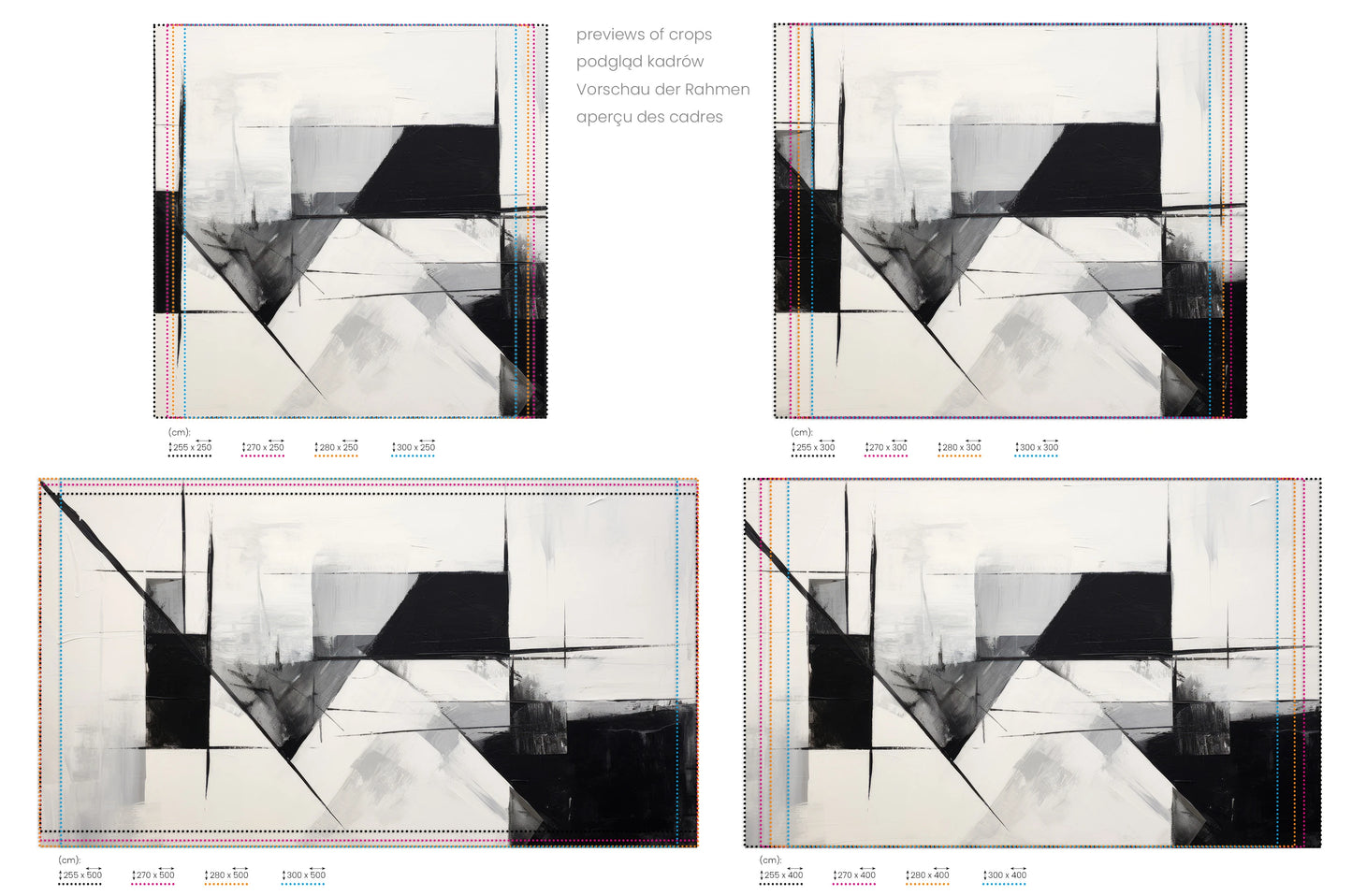 Na obrazie znajduje się prezentacja przykładowych rozmiarów fototapety o nazwie Angular Dynamics. Rozmiar fototapety jest dowolny.