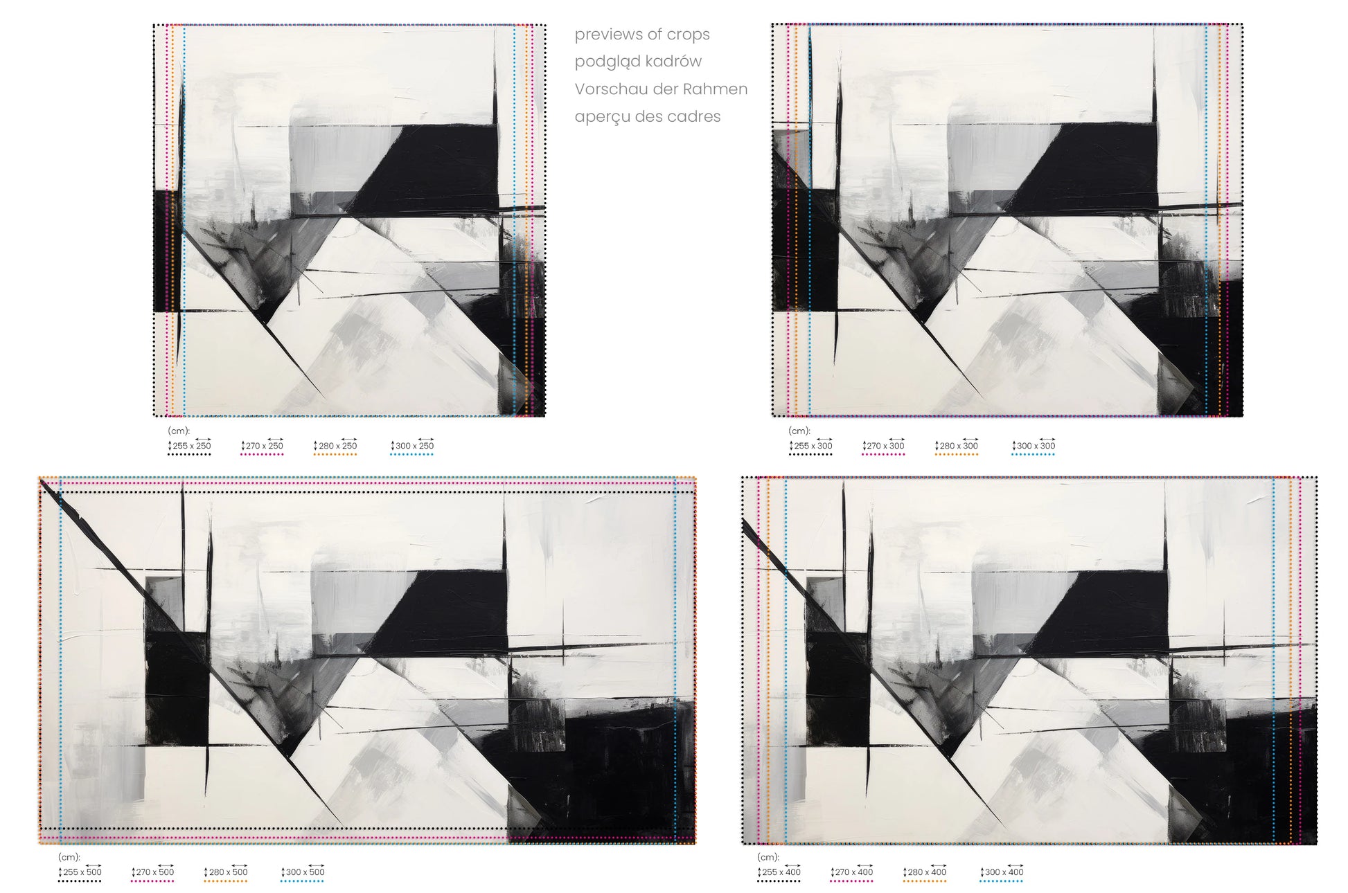 Na obrazie znajduje się prezentacja przykładowych rozmiarów fototapety o nazwie Angular Dynamics. Rozmiar fototapety jest dowolny.